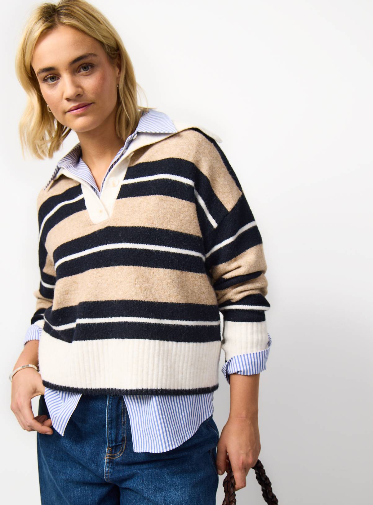 Brown Stripe Knitted Oversized Collar Rugby Style Jumper M - Image 2